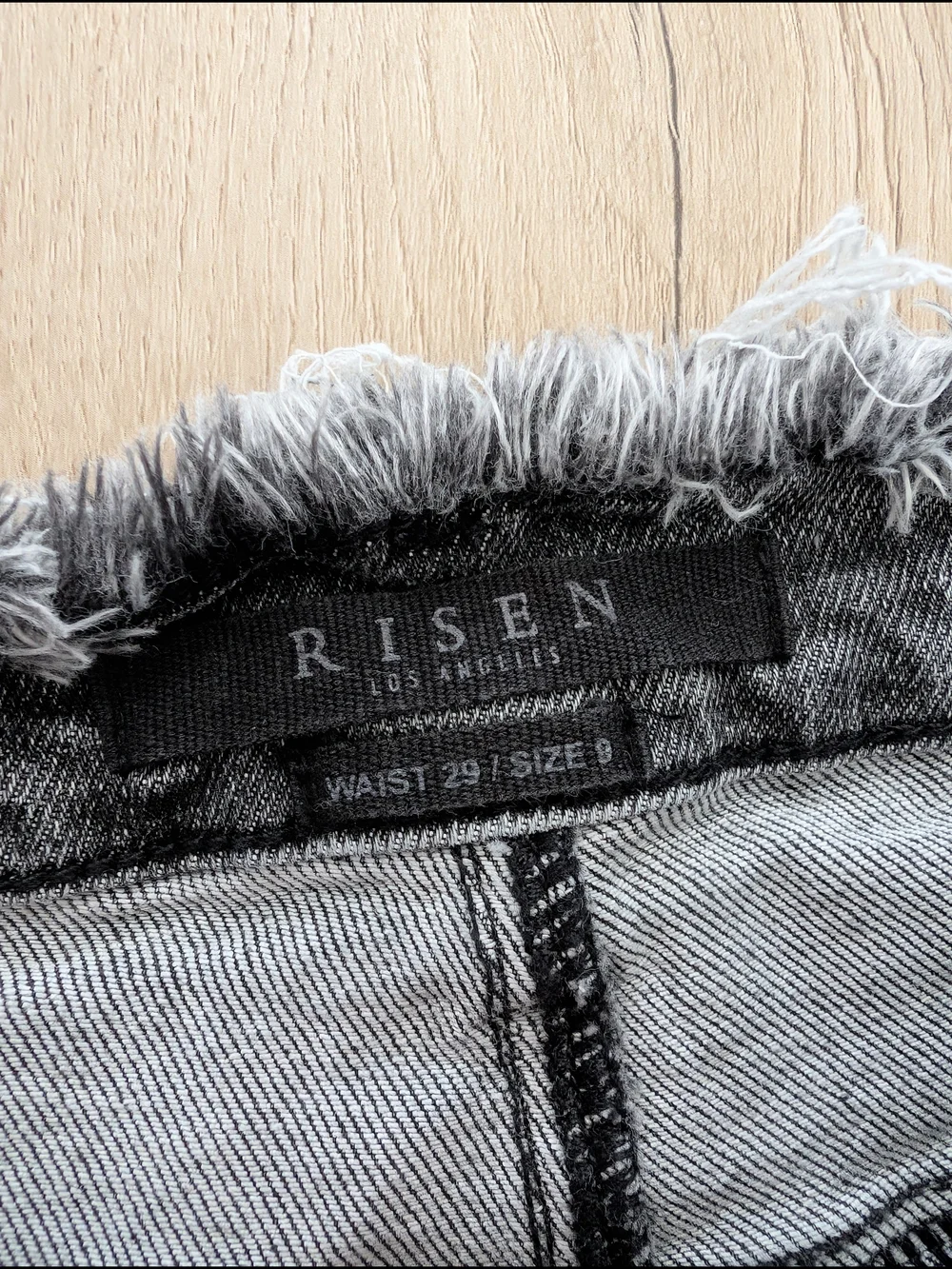RISEN High Rise Distressed Gray Jeans Frayed Waist Raw Hem Size 29